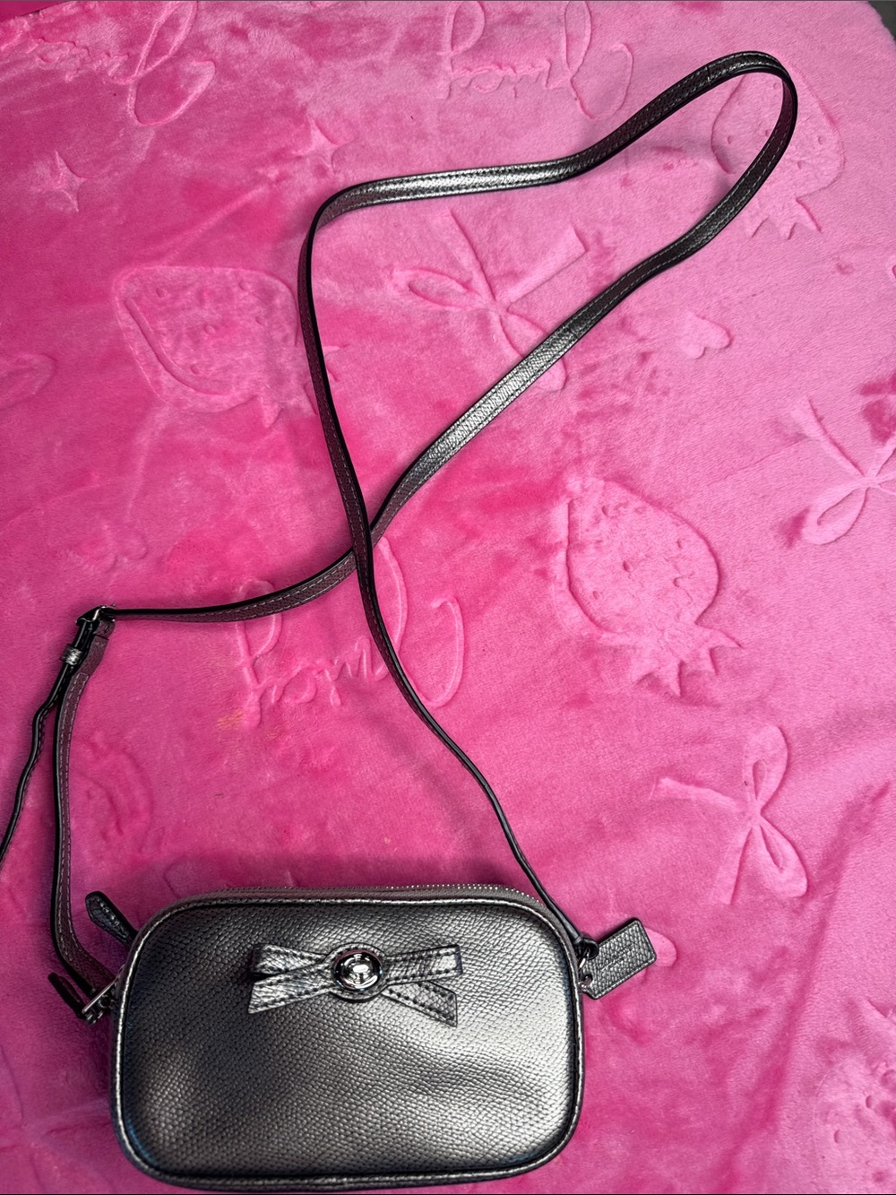 Coach Silver Metallic Saffiano Double Zip Mini Crossbody (Metallic Gray)